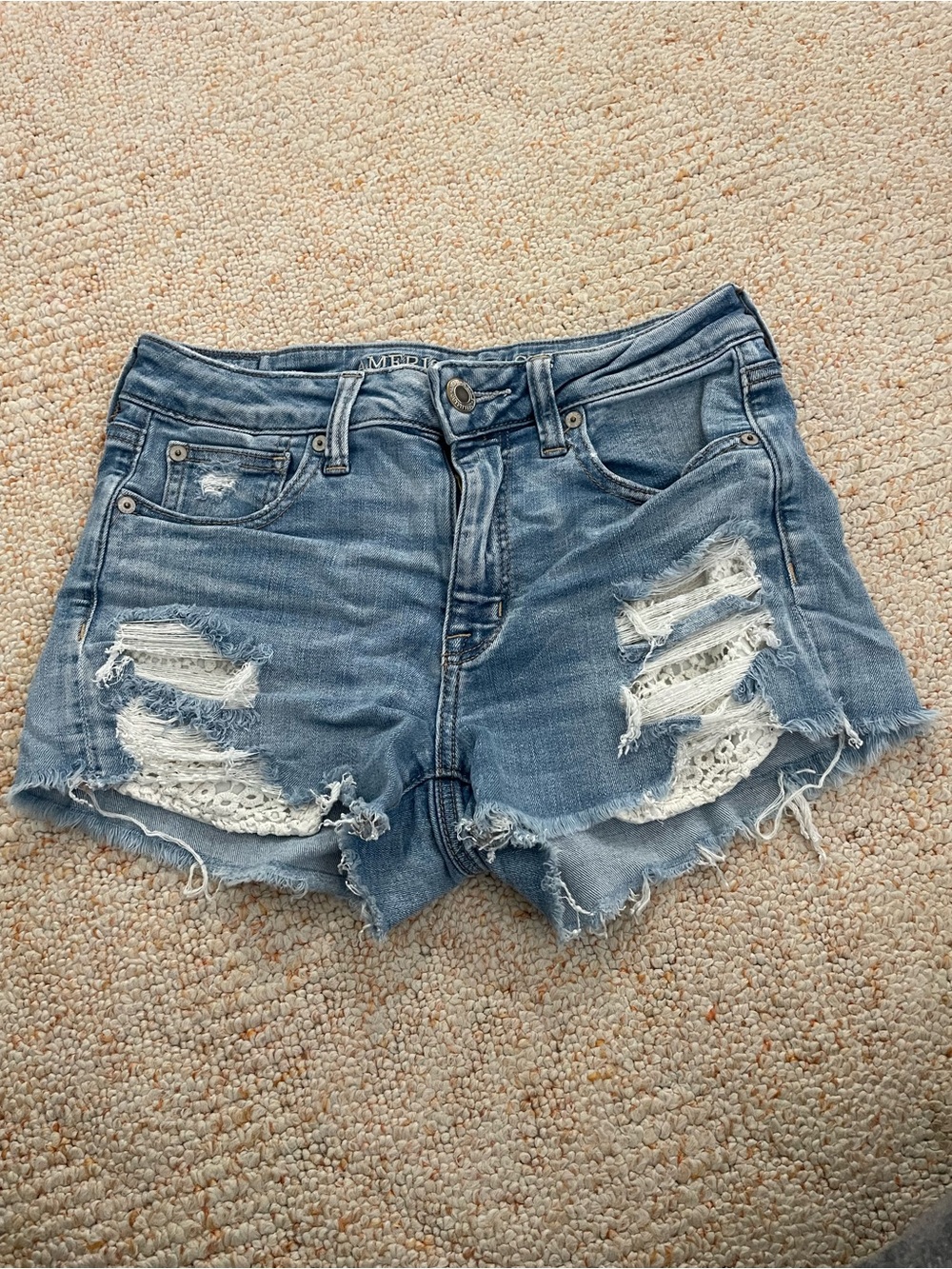 American Eagle Outfitters Light Blue Distressed Lace-Inset Denim Shorts